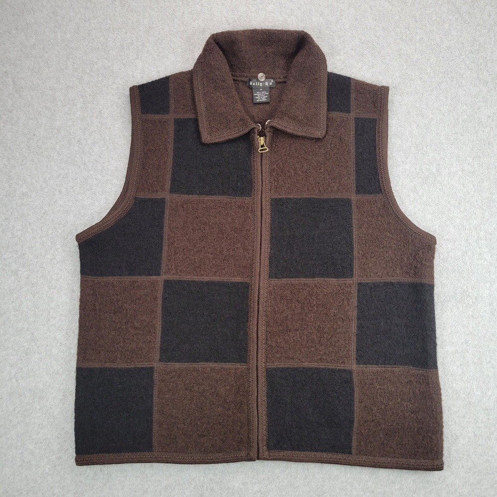 Tally-Ho Wool Vest Women Medium Brown Black Checkered Full Zip Collared